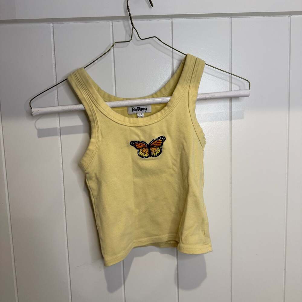 RedBerry Yellow Butterfly Embroidered Crop Tank Top